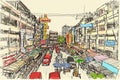 Sketch city scape Thai local market place in Chiangmai, free