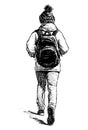 Sketch of city woman in cap and with backpack walking down street