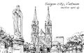 Sketch cityscape of Ho Chi Minh city show Saigon Notre-Dame Cat