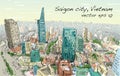 Sketch cityscape of Saigon city Ho Chi Mihn Vietnam show sky