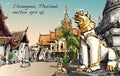 Sketch of cityscape show asia style temple space in Thailand, il