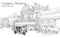 sketch of cityscape show asia style trafic on street and building in Thailand, illustration vector