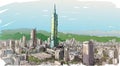 Sketch of cityscape show townscape in Taiwan, Taipei building Royalty Free Stock Photo