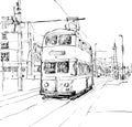 Sketch of cityscape show trasportation tradittonal tram in England, illustration vector