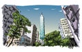 Sketch of cityscape show urban street view in Taiwan, Taipei