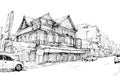 Sketch of cityscape in Thailand show old building on street asia