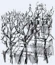 Sketch of cityscape with trees silhouettes against ancient cathedral