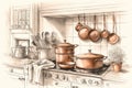 sketch of classic kitchen with vintage details, including copper pots and pans and cast-iron skillets