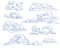 Sketch clouds. Curled cloudy sky drawing texture, nature weather outline symbols. Engraving handmade craft in vintage