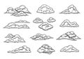 Sketch clouds. Hand drawn pencil cloudy sky, retro cloud shape engraving and overcast weather elements isolated vector