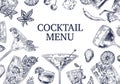 Sketch cocktail background. Different alcoholic cold drinks cocktails for restaurant and cafe menu, flyer or poster hand Royalty Free Stock Photo