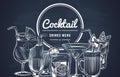 Sketch cocktail background. Hand drawn alcohol cocktails drinks bar menu, cold drinking restaurant beverages set. Vector