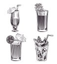 Sketch cocktails. Hand drawn alcohol drinks. Cold beverages set. Black and white glasses with straws or decorative