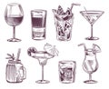 Sketch cocktails. Hand drawn cocktail and alcohol drink, different drinks in glass for party restaurant menu. Vector