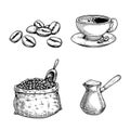 Sketch coffee set. Coffee beans and bag with spoon, cup of coffee, turkish coffee maker cezve. Hand drawn illustrations. Royalty Free Stock Photo