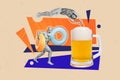 Sketch collage artwork of funky crazy cheerful people have fun enjoy summer journey trip dive big beer cup isolated on