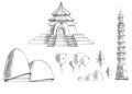 Sketch collection of buildings, temples, trees, plants Taiwan. Asia.