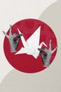 Sketch composite 3D photo collage trend artwork of anonymous hand hold show handmade paper bird oriental culture pattern