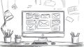 Rough sketch of a computer screen displaying email inbox, office desk with stationery Royalty Free Stock Photo