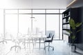 Sketch of contemporary glass office interior with concrete flooring, furniture, window with city view and other objects. Design