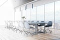 Sketch of contemporary wooden and concrete meeting room interior with panoramic city view, daylight and large table with chairs. Royalty Free Stock Photo