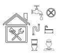 Sketch contour house with wrench cross inside and icons plumbing outside