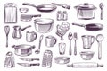 Sketch cooking equipment. Hand drawn doodle kitchen utensils set cooking pot and knife, spoon and cup, cutting board Royalty Free Stock Photo
