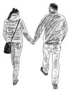 Sketch of couple casual young citizens walking along street Royalty Free Stock Photo