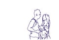 Sketch Couple Embracing, Doodle Man And Woman Hug Over White Background