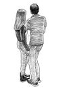 Sketch of couple loving young people standing together