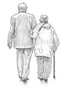 Sketch of couple old people walking together along street Royalty Free Stock Photo