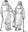 Sketch of couple old spouses with canes walking along street Royalty Free Stock Photo