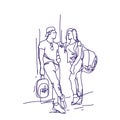 Sketch Couple Stand Talking Holding Backpacks Travelers Doodle Man And Woman Tourists Over White Background