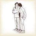 sketch couple standing and talking, free hand draw vector illustration