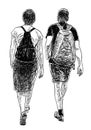 Sketch of couple tourists with backpacks walking down street