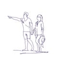 Sketch Couple Walking Holding Hands Doodle Man And Woman Over White Background
