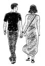 Sketch of couple young citizens walking on a stroll