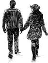 Sketch of couple young citizens walking together along street Royalty Free Stock Photo