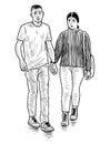 Sketch of couple young people walking along street