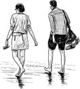 Sketch of couple young people walking barefoot on seashore Royalty Free Stock Photo