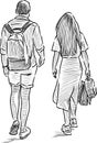 Sketch of couple young townspeople walking down street on summer day