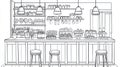 Bakery Counter with Pastries, Cakes, and Coffee Cups - Black and White Sketch Royalty Free Stock Photo