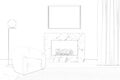 A sketch of a cozy living room with a horizontal poster above the fireplace, a modern lamp next to an armchair.