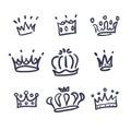 Sketch crown. Simple graffiti crowning, elegant queen or king crowns hand drawn. vector Royalty Free Stock Photo