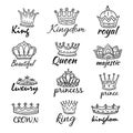 Sketch crowns. Hand drawn king, queen crown and princess tiara. Royalty vector doodle symbols and majestic logos