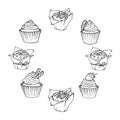 Sketch Cupcakes and muffins round frame. Set of hand drawn cakes.