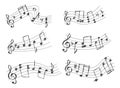 Sketch curved musical staff with notes, clefs and signs. Melody, tune or song sound waves with chords. Doodle music Royalty Free Stock Photo