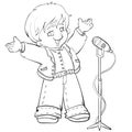 Sketch, cute boy singing songs into microphone, coloring book, cartoon illustration, isolated object on white background, vector Royalty Free Stock Photo