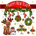 Sketch Of Cute Christmas Card With Red Ribbon Bow, Deer, Snowman, Golden Stars. New Year Candles, Classic Christmas