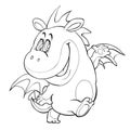 Sketch of a cute dragon with small wings, coloring book, cartoon illustration, isolated object on a white background, vector Royalty Free Stock Photo